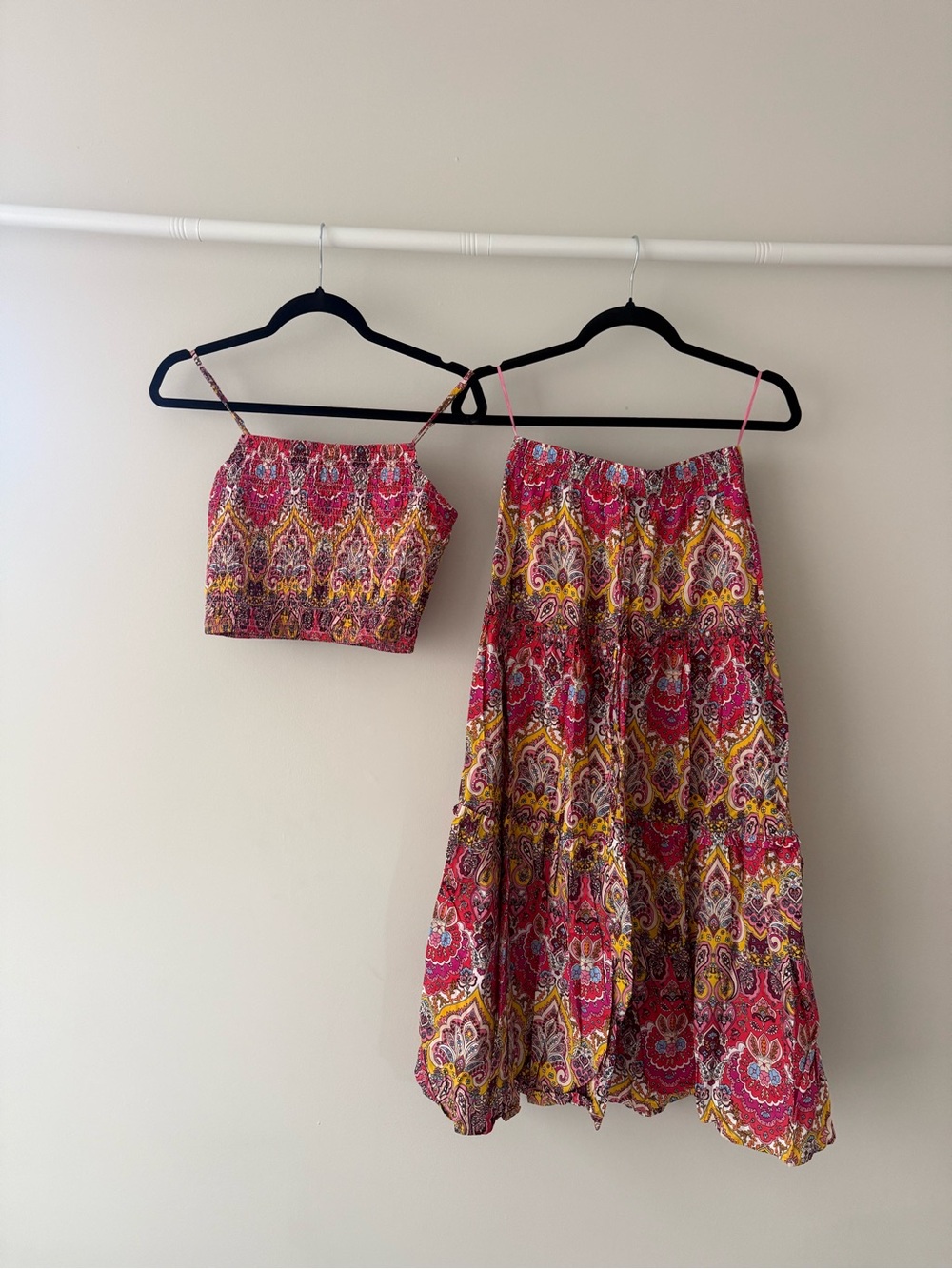 Printed Smocked Crop Top and Skirt Set - Pink Multi